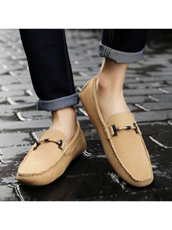 ?Men\'s Beige Calfskin Leather Slip On Comfortable Low Top Soft Penny  Loafers main image 5